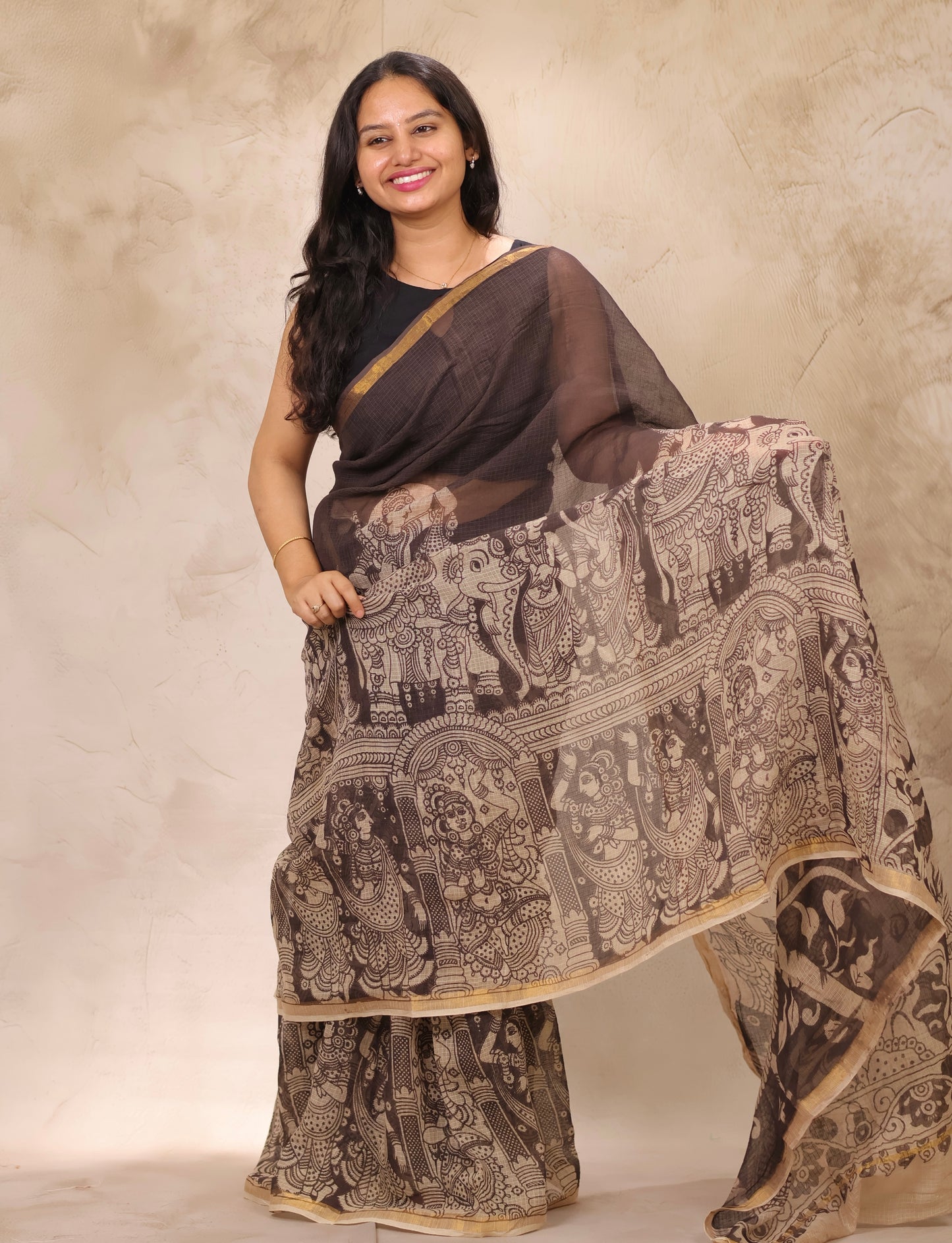 Light Black Kota Doria Saree with Kalamkari Handblock Prints | Looms & Tassels