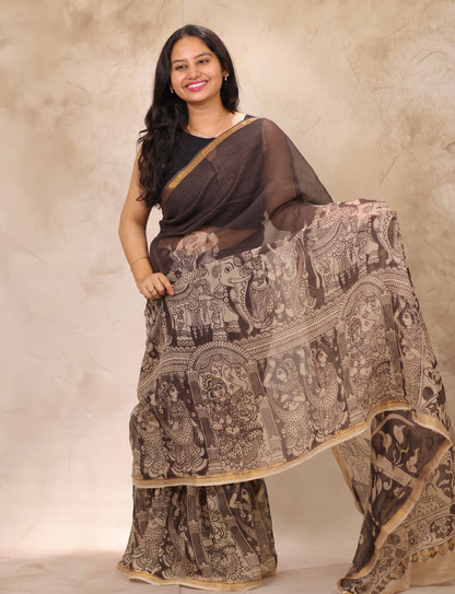 Light Black Kota Doria Saree with Kalamkari Handblock Prints | Looms & Tassels