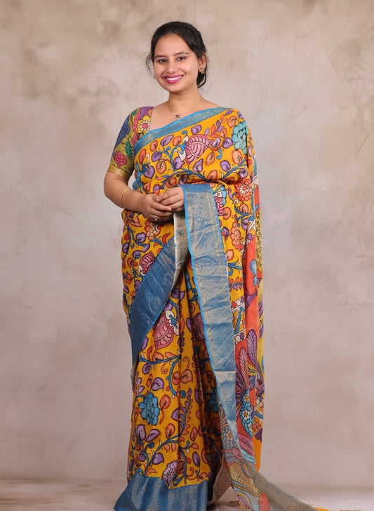 Hand Drawn Pen Kalamkari Mustard Yellow with Blue Border Bangalore Silk Kanchi Border Saree | Looms & Tassels