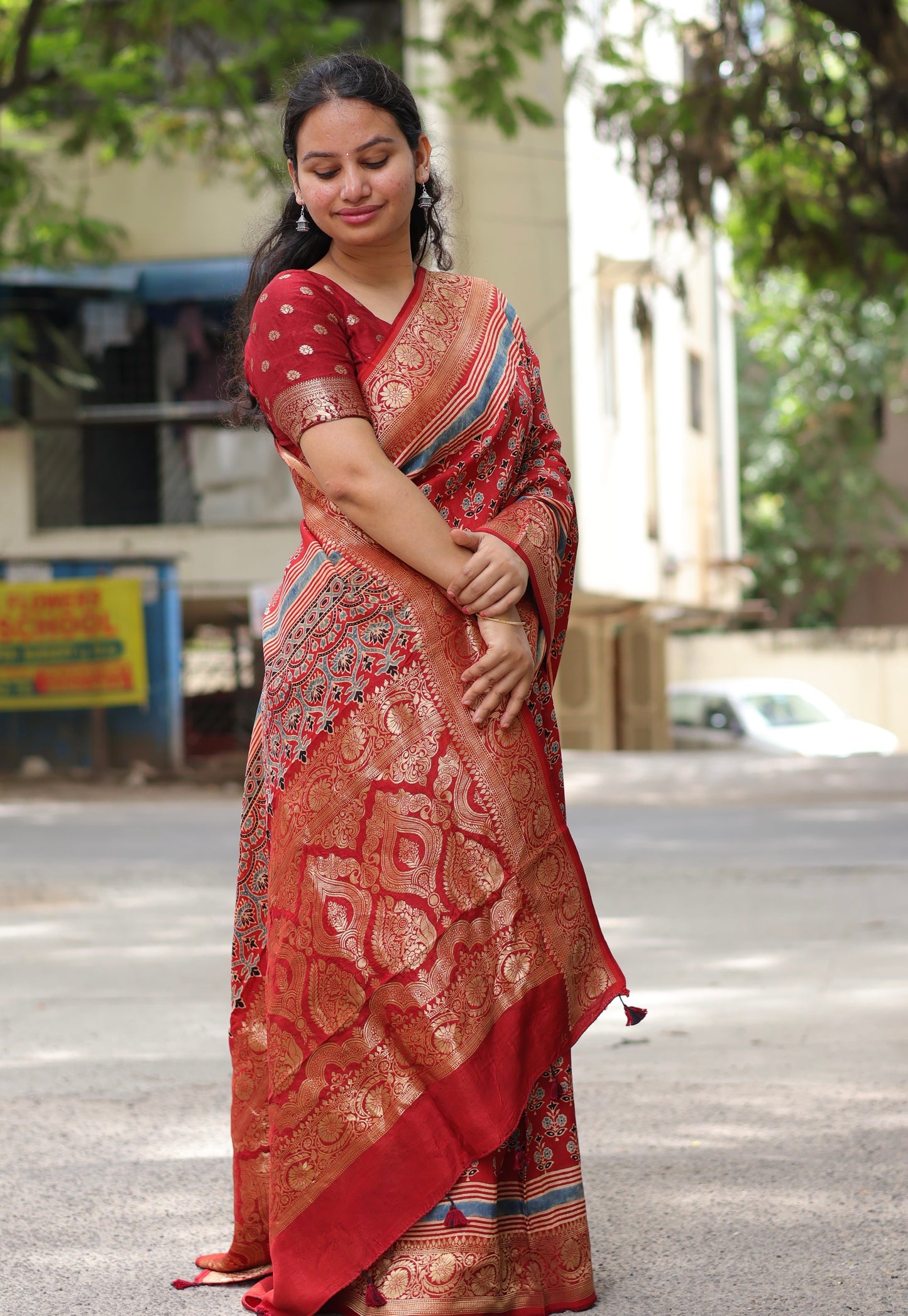 Red Ajrakh Dola Silk Saree