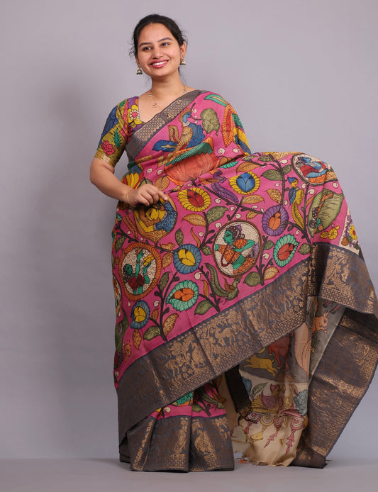 Pink Hand Drawn Pen Kalamkari Uppada Silk Kuppadam Border Saree | Looms & Tassels