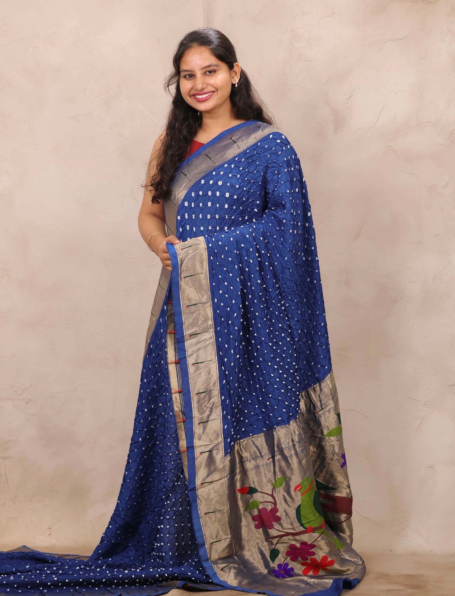 Blue Handcrafted Bandhani Paithani Dola Silk Saree | Looms & Tassels