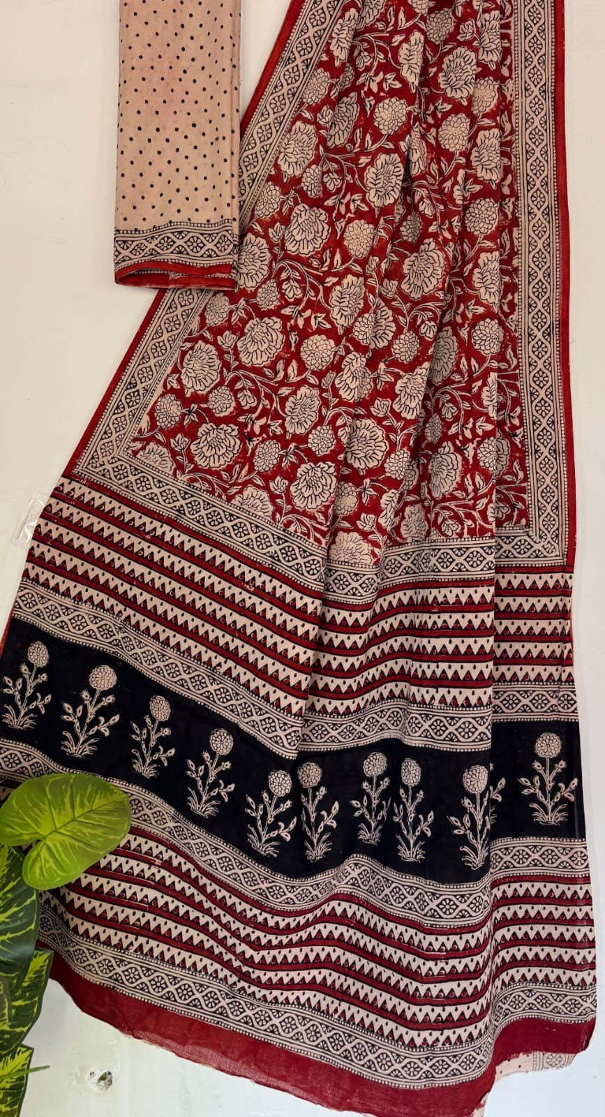 Red Bagru Handblock printed MulMul cotton saree