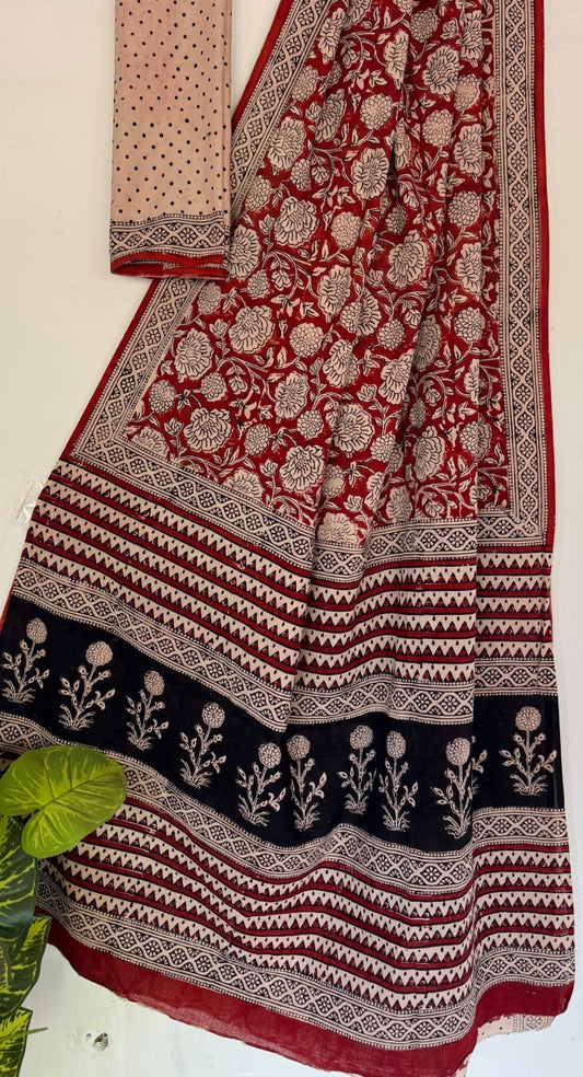 Red Bagru Handblock printed MulMul cotton saree