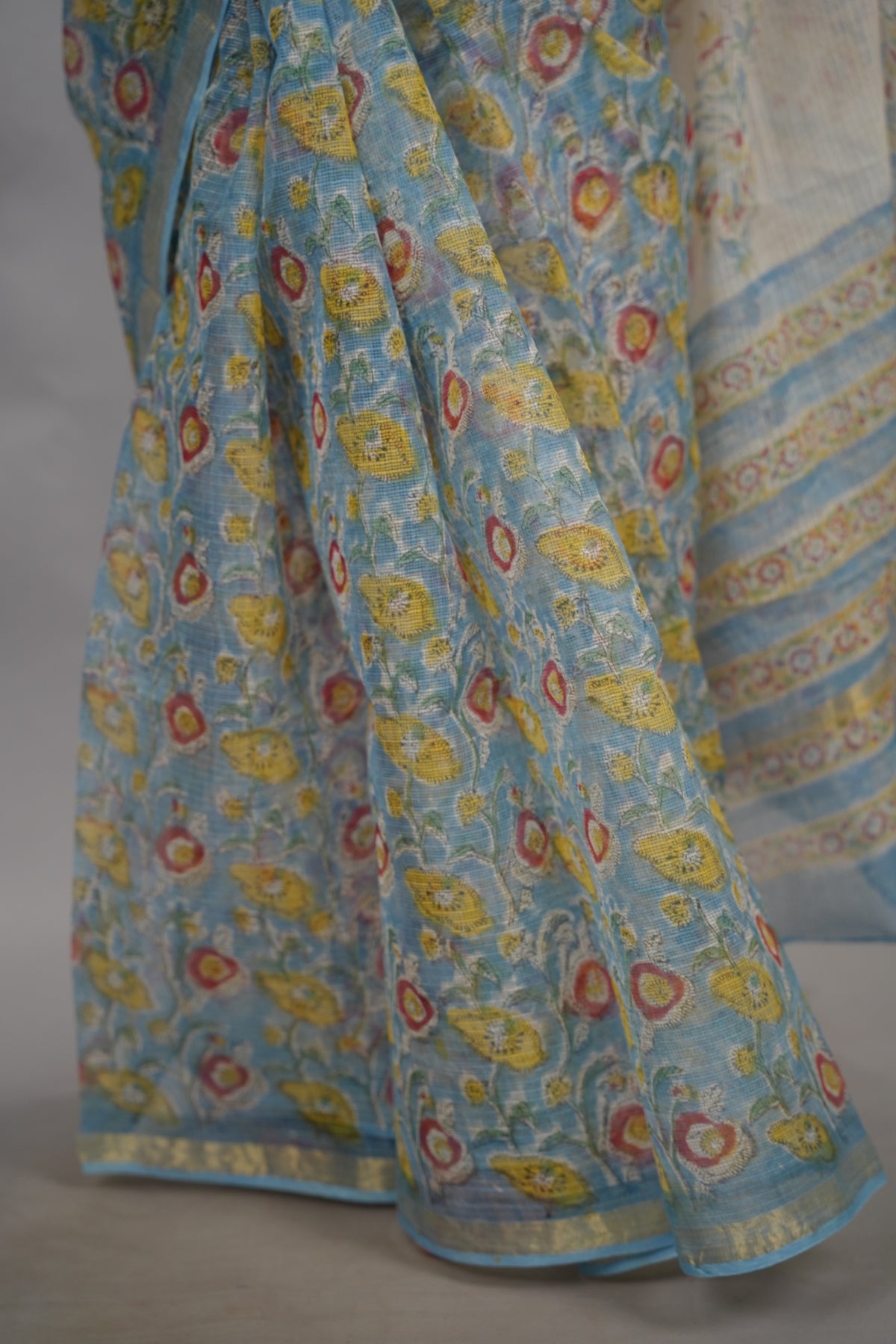 Powder Blue Pure Kota Doria Saree with Bagru Handblock Prints