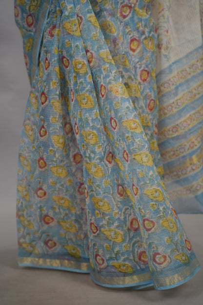 Powder Blue Pure Kota Doria Saree with Bagru Handblock Prints