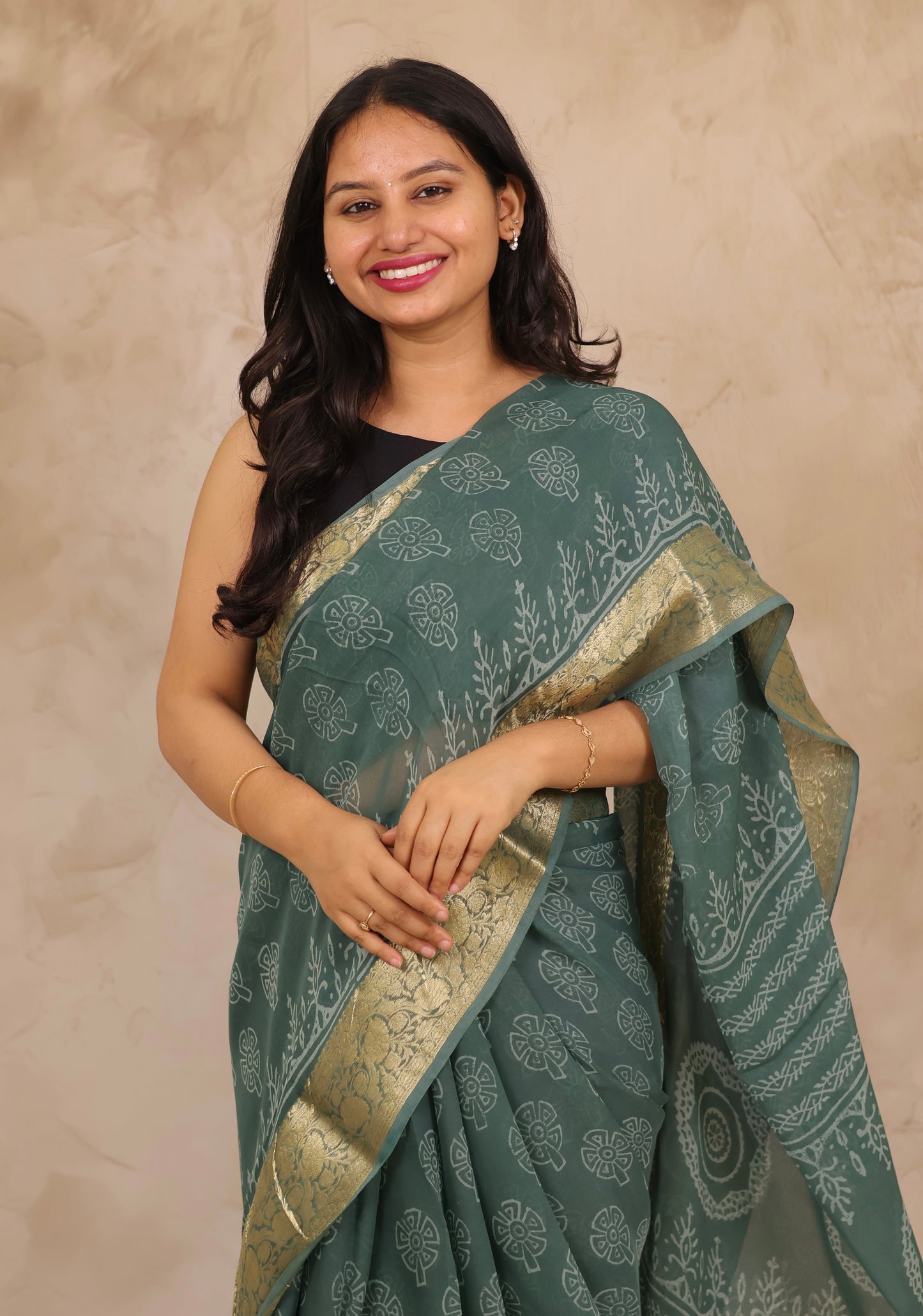 Sea Green Chiffon Hand Block Printed Saree with Jari Border | Looms & Tassels