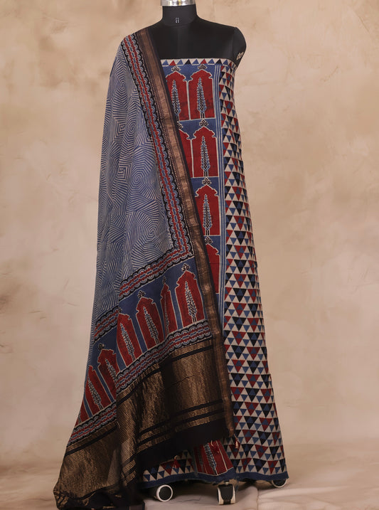 Maheswari Silk Cotton Ajrakh Handblock Printed 2 Piece Suit Set | Looms & Tassels