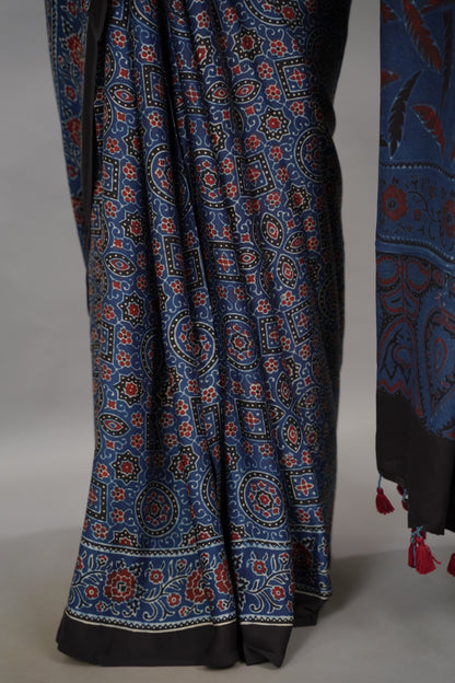 Indigo Blue Authentic Ajrakh Handblock Printed Modal Silk Saree | Looms & Tassels