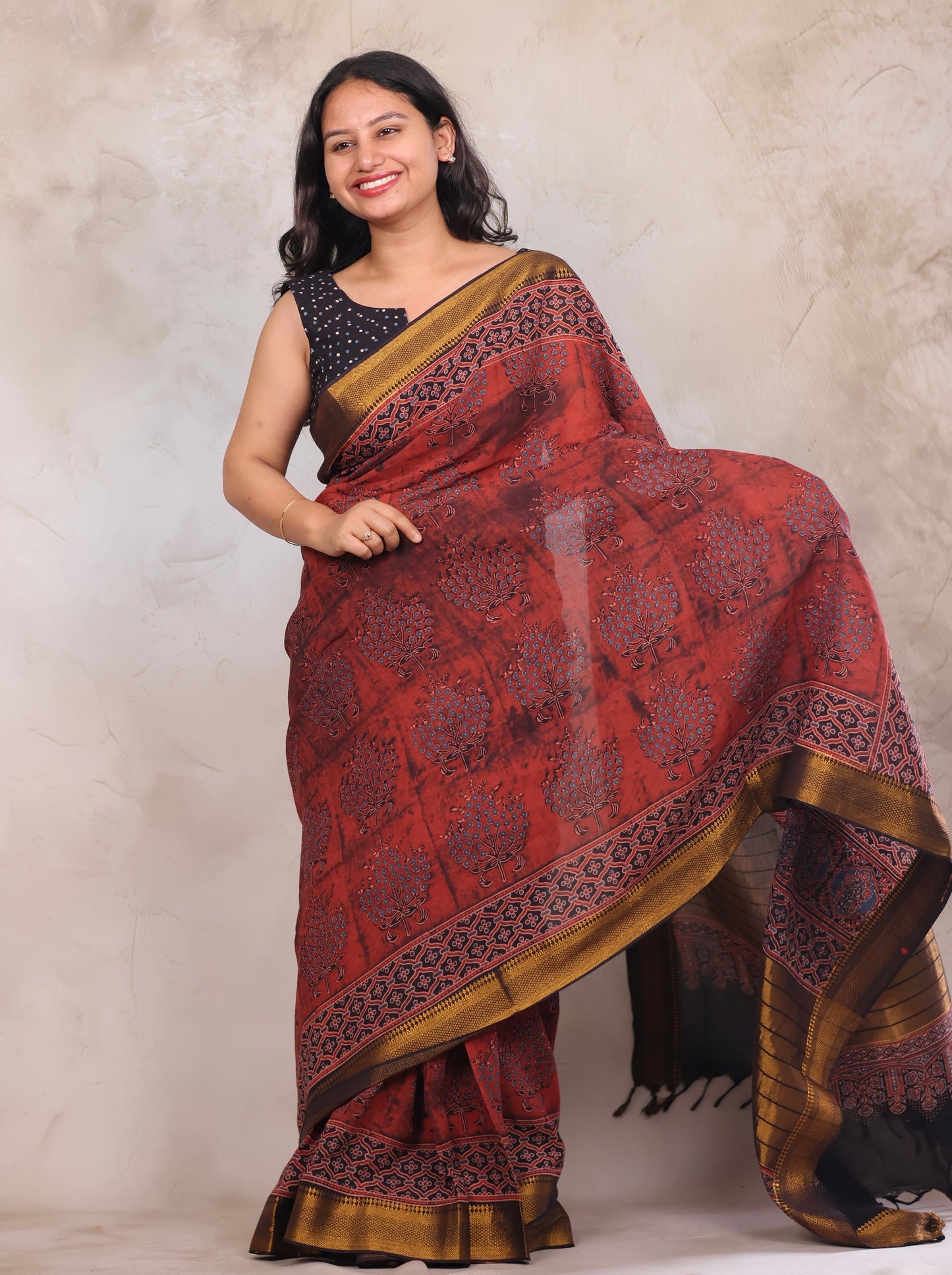 Rust Ajrakh Hand Block Printed Mangalagiri Cotton Saree | Looms & Tassels