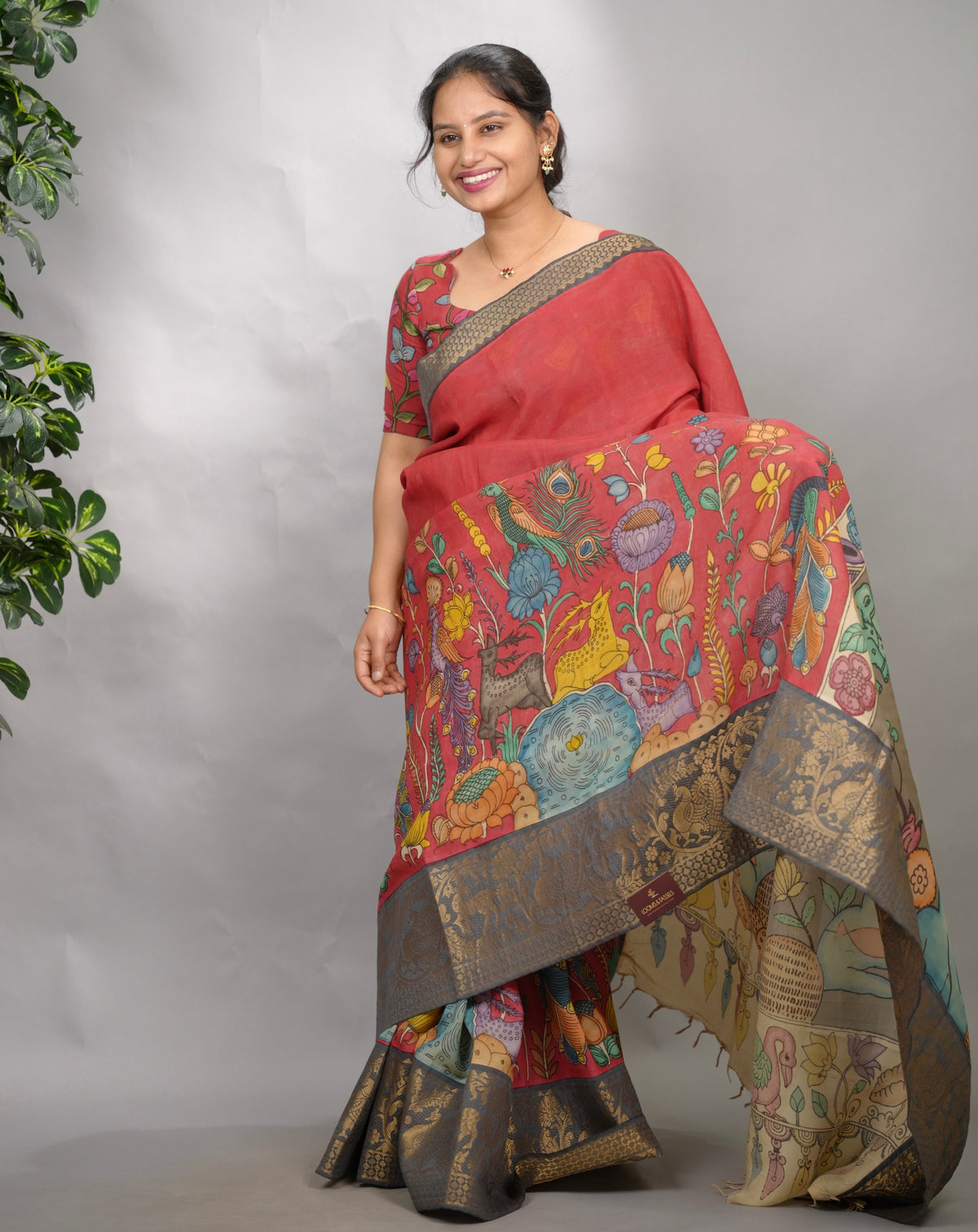 Pink Hand Drawn Pen Kalamkari Bangalore Silk Kanchi Border Saree | Looms & Tassels