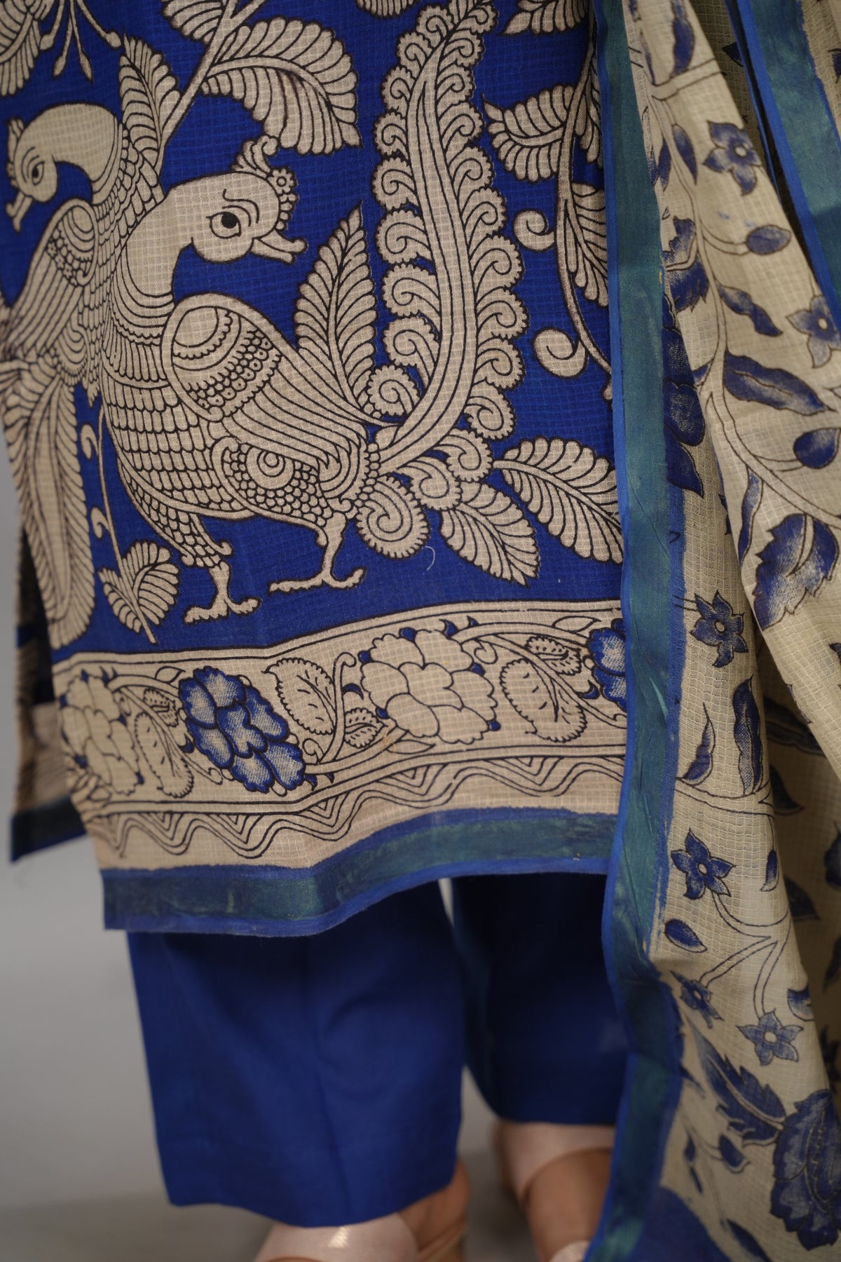 Blue Kalamkari Kota Cotton 3 piece suit (stitched) | Looms & Tassels