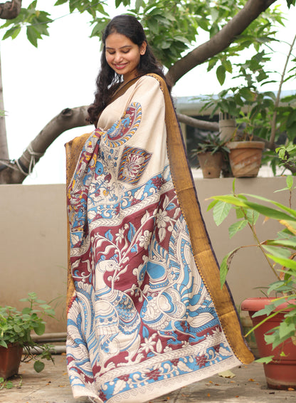 Cream & Brown Kanchi border Kalamkari chennur silk saree