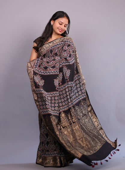 Black Floral Jal Motifs Ajrakh Handblock printed Dola Silk Saree | Looms & Tassels