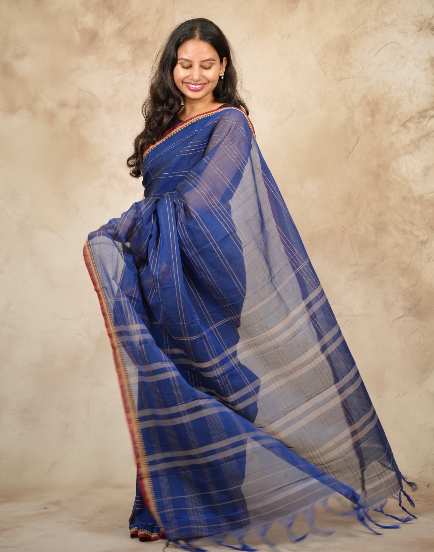 Blue Narayanpet Cotton Saree lines weaving | Looms & Tassels