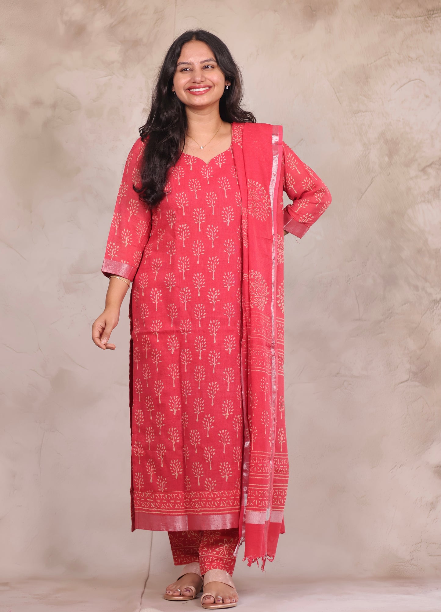 Pink Linen Cotton Handblock printed 3 piece suit (stitched)