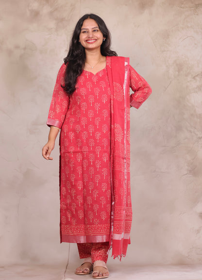 Pink Linen Cotton Handblock printed 3 piece suit (stitched)
