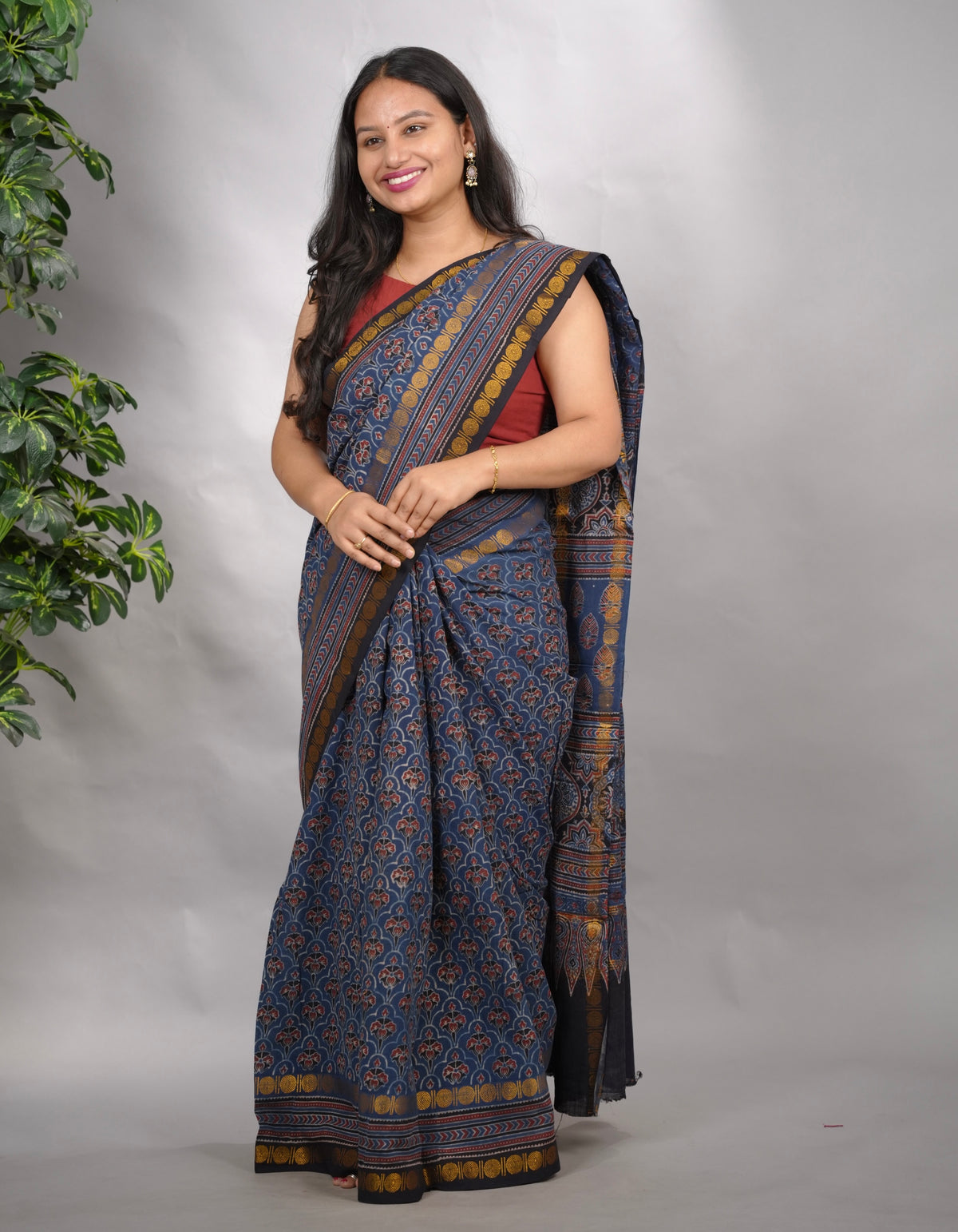 Indigo Ajrakh Hand Block Printed Sungudi Cotton Saree | Looms & Tassels