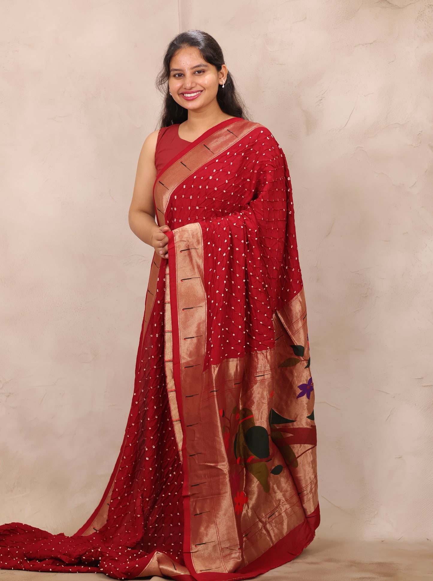 Maroon Handcrafted Bandhani Paithani Dola Silk Saree | Looms & Tassels