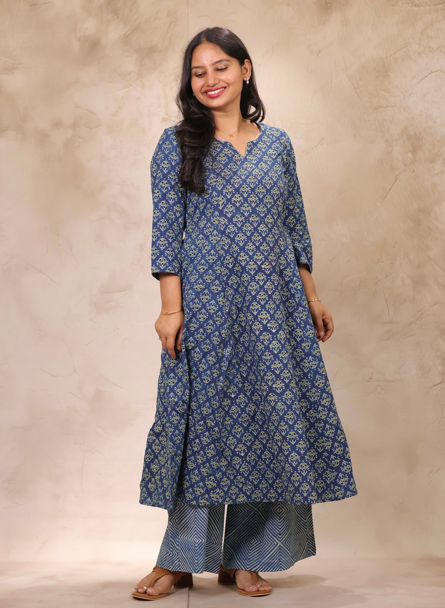 Indigo Ajrakh Handblock Printed Kali Kurti Co-ord Set (Pure Cotton ) | Looms & Tassels