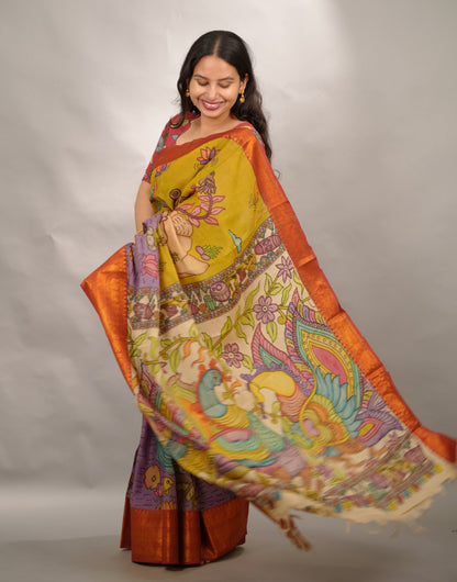 Yellow Hand Drawn Pen Kalamkari  Bangalore Silk Kanchi Border Saree | Looms & Tassels