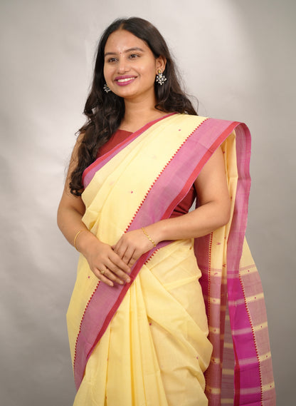 Cream Handloom Venkatagiri Cotton Saree Without Blouse | Looms & Tassels