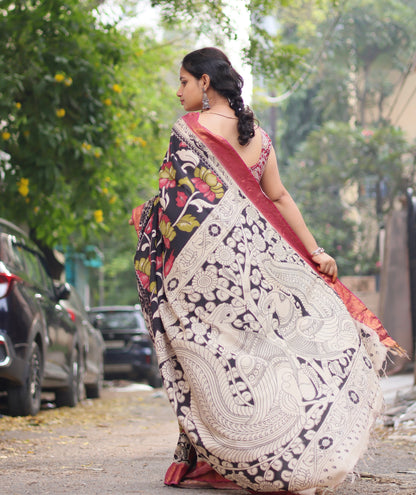 Black Nizam Border Kalamkari Silk Saree