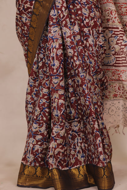 Hand Block Printed Kalamkari Kanchi Border Silk Saree
