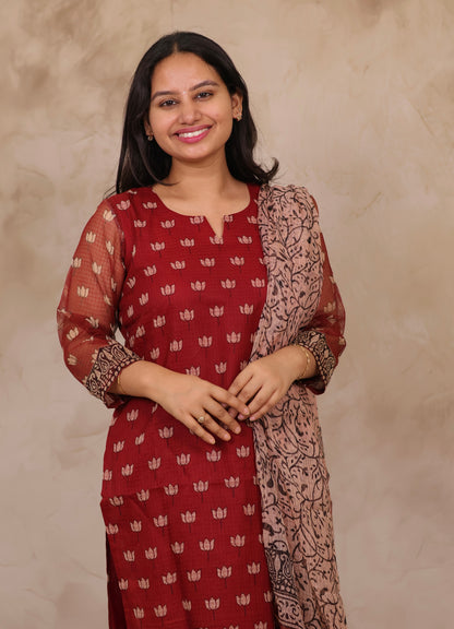 Deep Maroon Handblock printed kota 3 piece suit (stitched)