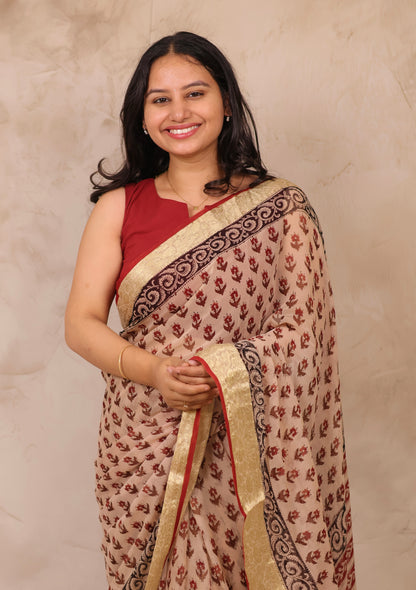 Cream Chiffon Hand Block Printed Saree with Jari Border | Looms & Tassels