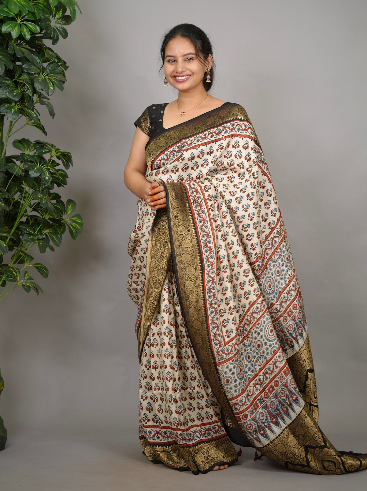 Cream Ajrakh Handblock printed Dola Silk Saree| Looms & Tassels