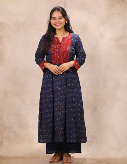 Indigo Patch Work Ajrakh Handblock Printed Kali Kurti (Pure Mul Cotton ) | Looms & Tassels