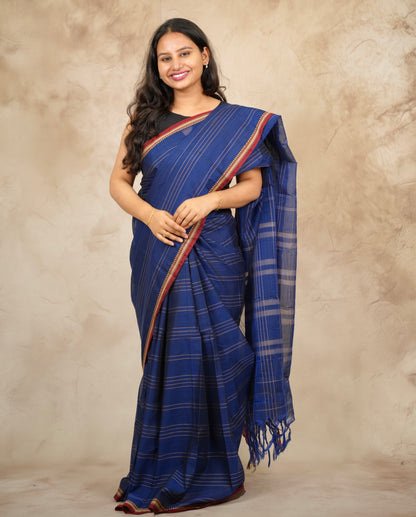 Blue Narayanpet Cotton Saree lines weaving | Looms & Tassels
