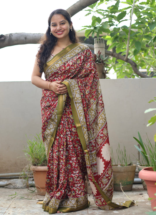 Red Hand Block Printed Kalamkari Nizam Border Silk Sare