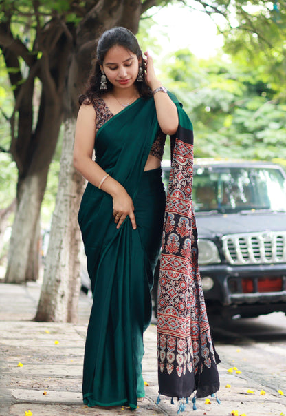 Green Ajrakh Modal Silk Saree