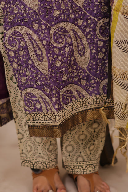 Lavender Handblock printed Pure Maheswari Silk 3 piece suit (stitched)