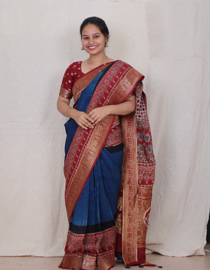 Cyan Blue Ajrakh Dola Silk Saree
