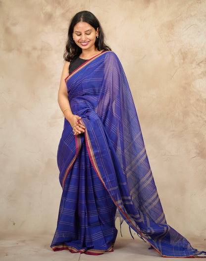 Blue Narayanpet Cotton Saree lines weaving | Looms & Tassels