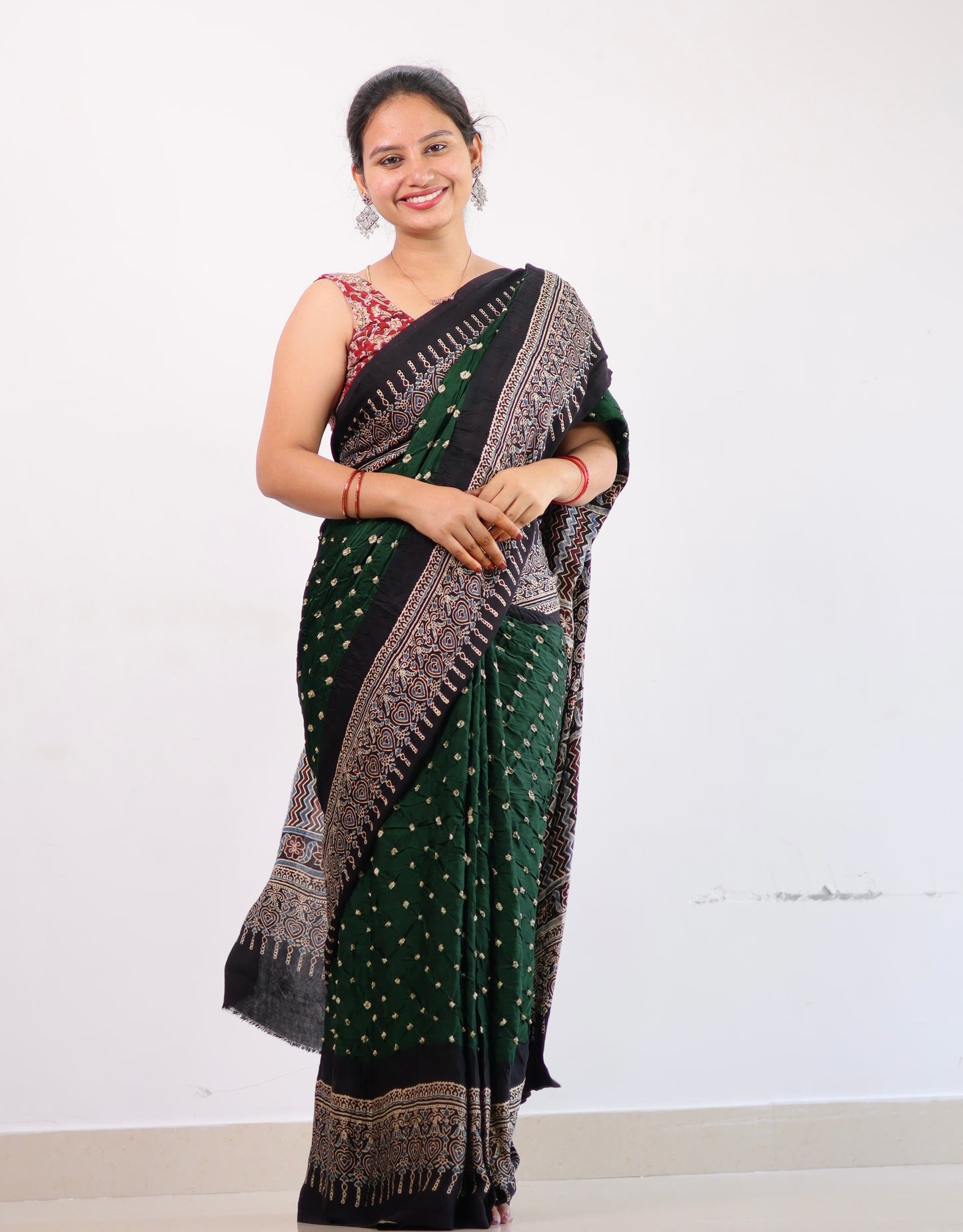 Green Ajrakh Bandhej Modal Silk Saree