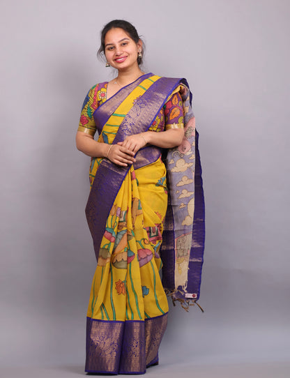 Yellow Hand Painted Pen Kalamkari Silk Saree