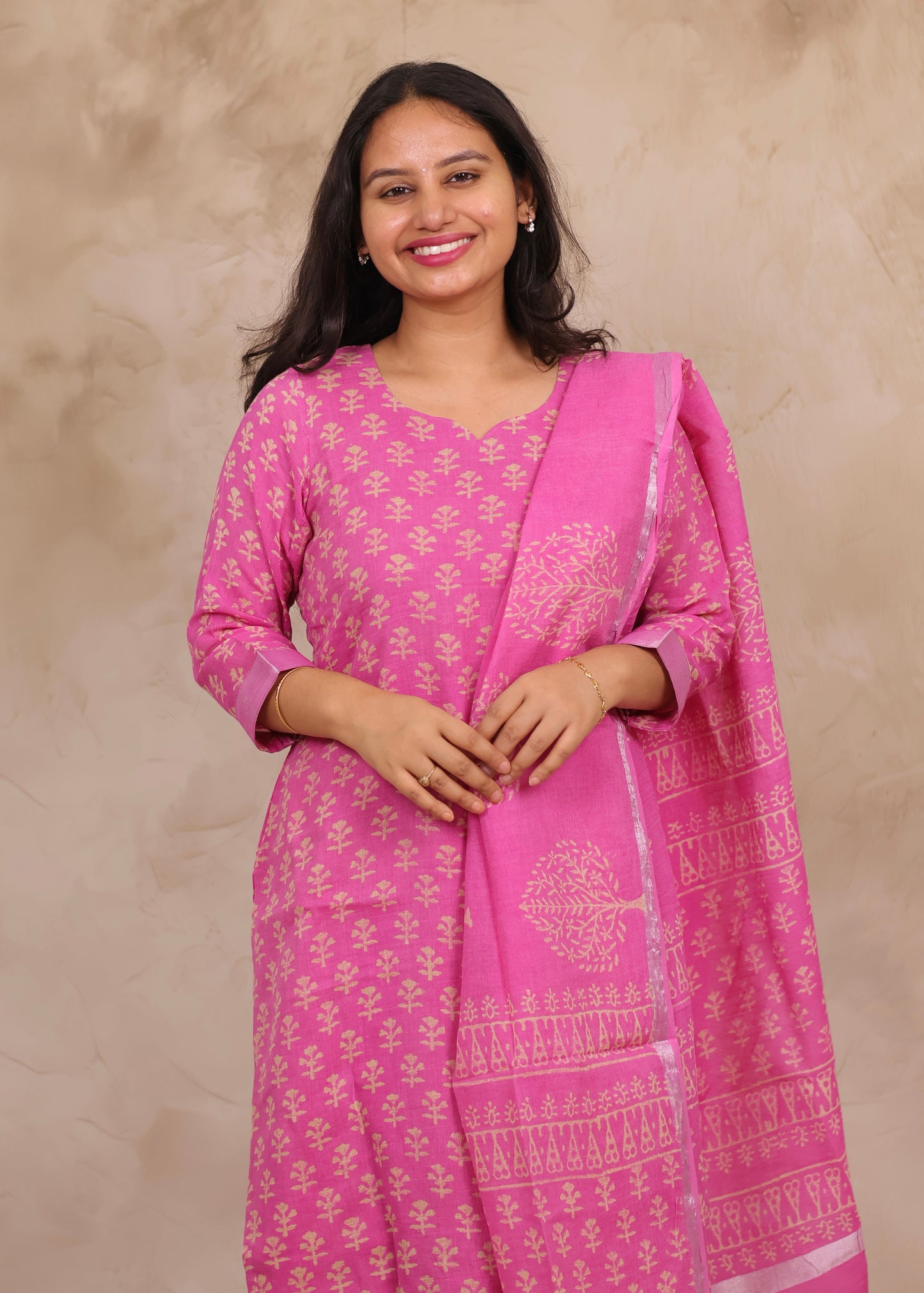 Pink Linen Cotton Handblock printed 3 piece suit (stitched)