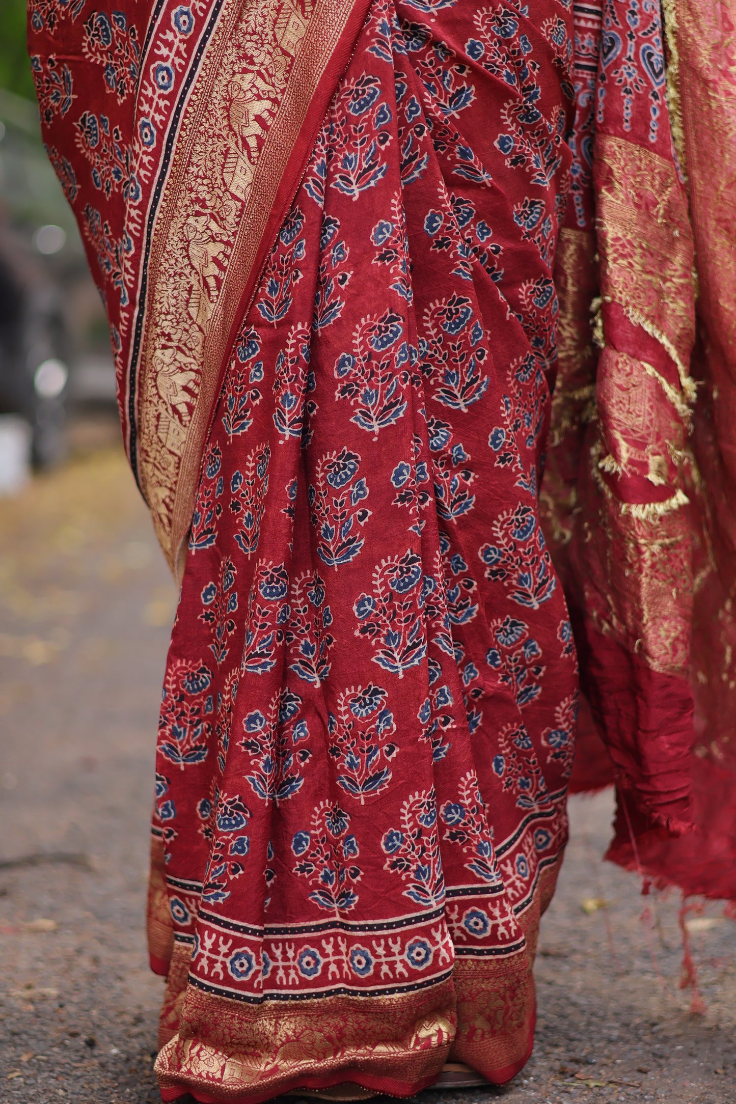 Red Floral Motifs Ajrakh Handblock Printed Dola Silk Saree