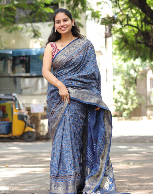 Indigo Ajrakh Dola Silk Saree