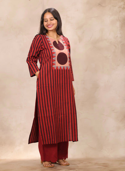 Red Contemporary Ajrakh Pattern Hand Block Cotton printed Kurti | Looms & Tassels