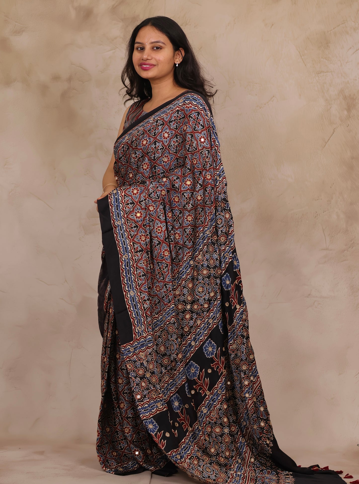 Black Handcrafted Ajrakh Modal Silk Saree with Authentic Banjara Mirror Work | Looms & Tassel