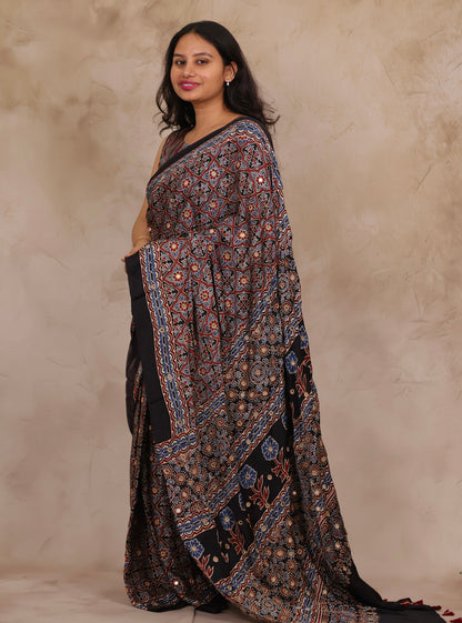 Black Handcrafted Ajrakh Modal Silk Saree with Authentic Banjara Mirror Work | Looms & Tassel