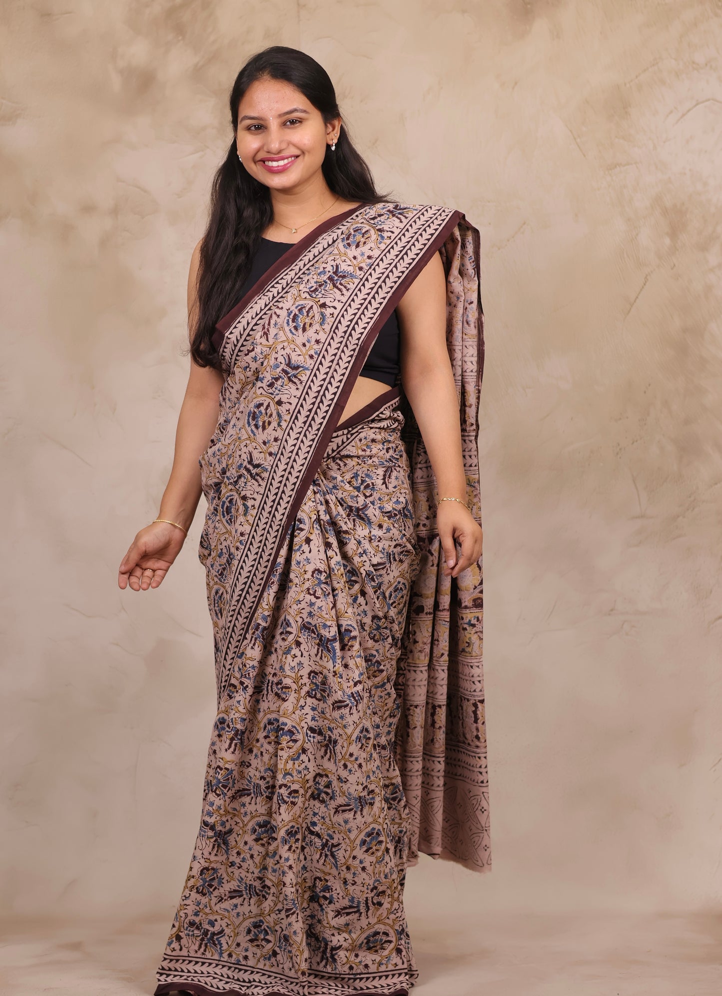 Cream Hand Block Printed Kalamkari Cotton Saree | Looms & Tassels