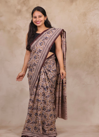 Cream Hand Block Printed Kalamkari Cotton Saree | Looms & Tassels