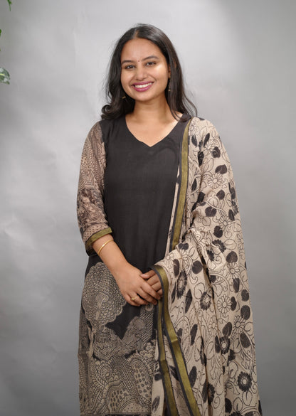 Black Kalamkari Kota Cotton 3 piece suit (stitched) | Looms & Tassels