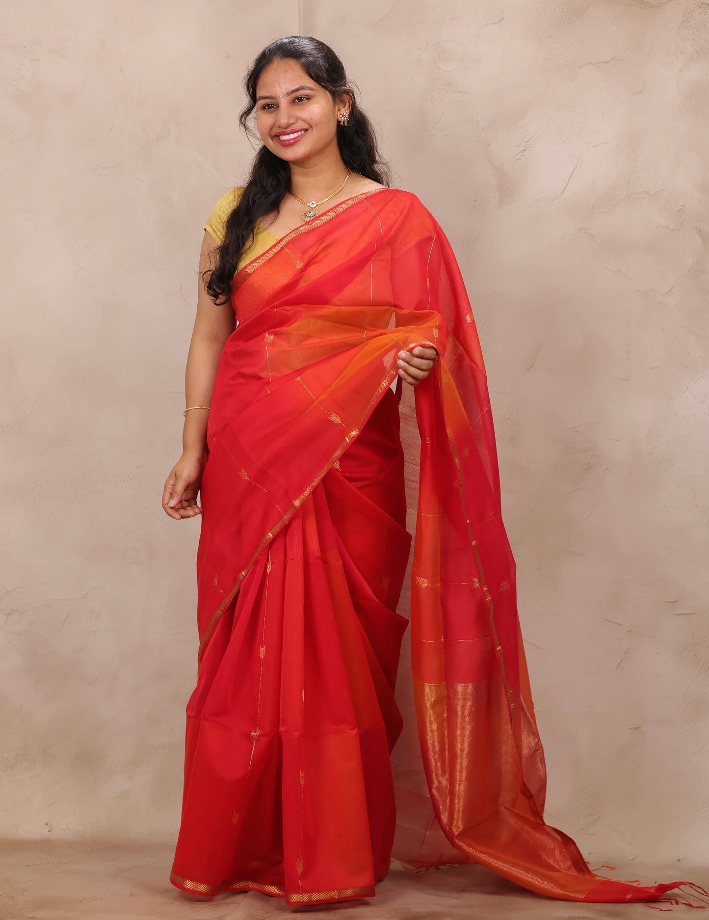 Orange Handloom Maheswari Silk Cotton Sarees | Looms & Tassels